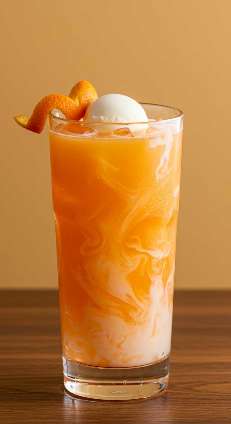 Creamy orange-cream soda poured over ice