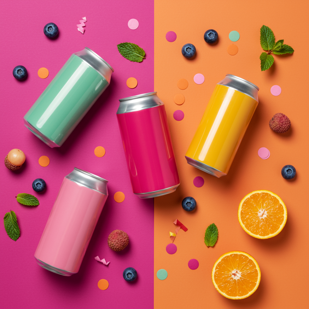 Quenzy soda cans in a colorful party flatlay